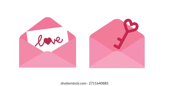 Set of Valentine's Day envelopes with key patterns icon clipart.
Pink color Valentine love letter flat vector illustration.
White background.
