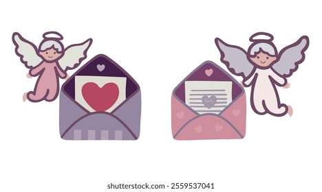 Set of Valentine's Day envelopes. Romantic open and close envelopes with cards, letters, hearts and text. Angels, text, Vector flat illustration