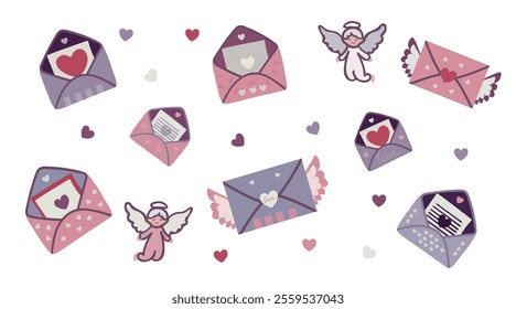 Set of Valentine's Day envelopes. Romantic open and close envelopes with cards, letters, hearts and text. Angels, text, Vector flat illustration