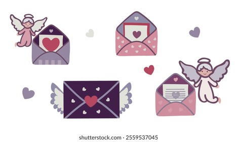 Set of Valentine's Day envelopes. Romantic open and close envelopes with cards, letters, hearts and text. Angels, text, Vector flat illustration