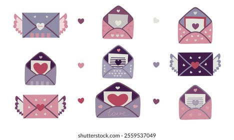 Set of Valentine's Day envelopes. Romantic open and close envelopes with cards, letters, hearts and text. Angels, text, Vector flat illustration