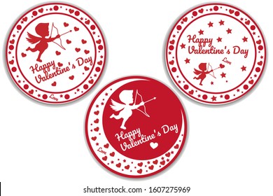 Set of Valentine's Day festive circle badges, stamps or labels with text inscription. Collection of template for banner, greetings card, poster. Vector EPS10 illustration