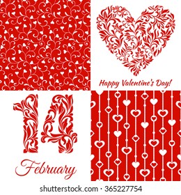 Set for Valentine's Day: The figures 14 and heart from a floral ornament, seamless pattern with hearts on a red background 