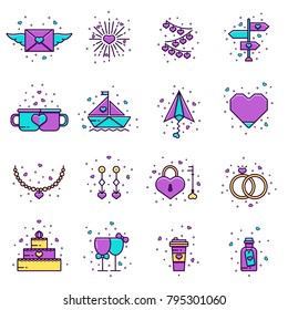Set of Valentine's Day flat color line icons. Collection of love, romantic, wedding, engagement, dating, marriage anniversary signs, symbols, pictograms and decor elements in modern cartoon style.