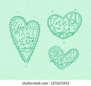 Set of valentines day flat hearts with greeting lettering drawing on green background.