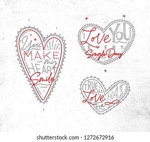 Set of valentines day flat hearts with greeting lettering drawing on dirty paper background.