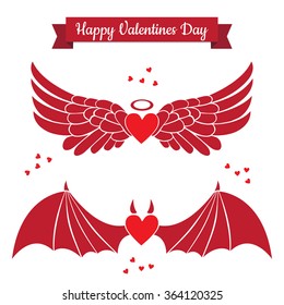 Set of Valentines day flat icons. Angel and Devil hearts icons. Vector angel and demon wings isolated on white background.