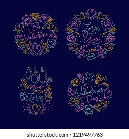 Set of valentine's day flat monogram with greeting lettering drawing with color on blue background.