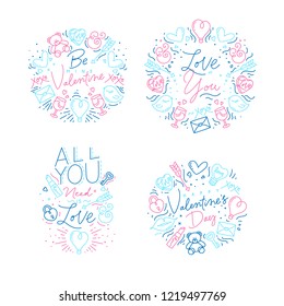Set of valentine's day flat monogram with greeting lettering drawing with color on white background.