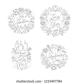 Set of valentine's day flat monogram with greeting lettering drawing on white background.
