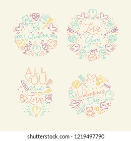 Set of valentine's day flat monogram with greeting lettering drawing on beige background.