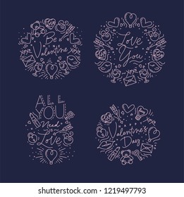 Set of valentine's day flat monogram with greeting lettering drawing on blue background.