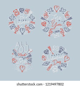 Set of valentine's day flat monogram with greeting lettering drawing on gray background.