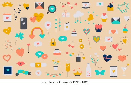 Set of Valentine's Day flat vector illustrations colored hand drawn love hearts and celebrations decorations