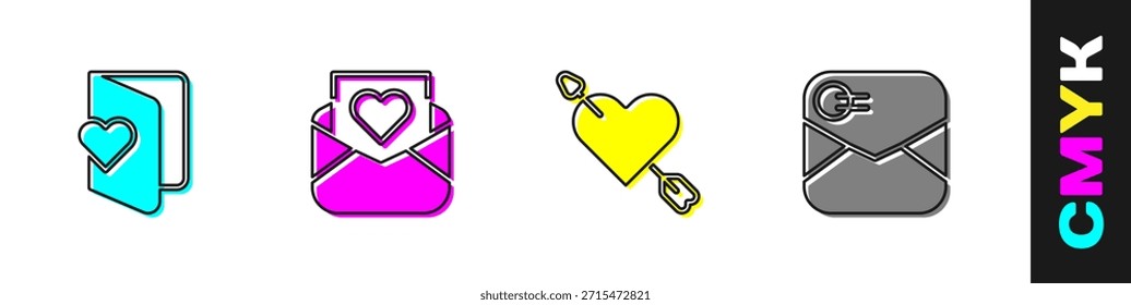 Set Valentines day flyer, Envelope with heart, Amour and arrow and  icon. Vector