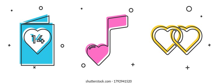 Set Valentines day flyer with heart, Music note, tone with hearts and Two Linked Hearts icon. Vector