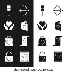 Set Valentines day flyer with heart, Heart hand, Wine glass, Bow arrow, Shopping bag, Envelope, Photo frames hearts and Lock icon. Vector