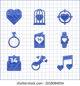 Set Valentines day flyer with heart, Bottle love potion, Music note, tone hearts, Heart the center wrist watch, Envelope, Wedding rings, of darts target aim and Candy shaped box icon. Vector