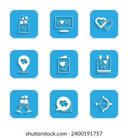 Set Valentines day flyer, Heart speech bubble, Bow and arrow, Calendar with February 14, Glass of champagne, Location heart, Two Linked Hearts and Shopping bag icon. Vector