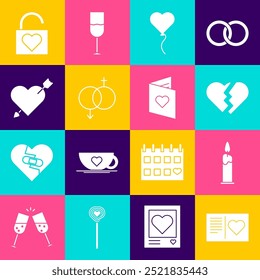 Set Valentines day flyer with heart, Burning candle, Broken, Balloon form of, Gender, Amour arrow, Lock and  icon. Vector