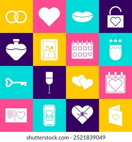 Set Valentines day flyer with heart, Calendar, Quiver and arrows, Smiling lips, Picture frame, Bottle love potion, Wedding rings and  icon. Vector