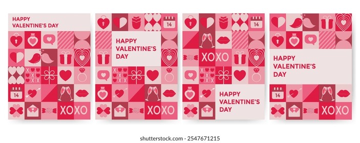Set of valentine's day flyers, banners. Romantic love icons in simple geometric shapes, geometry minimalistic style for card, invitation, poster, flyer, web design