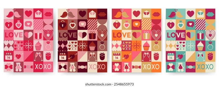 Set of valentine's day flyers, banners. Romantic love icons in simple geometric shapes, geometry minimalistic style for card, invitation, poster, flyer, web design