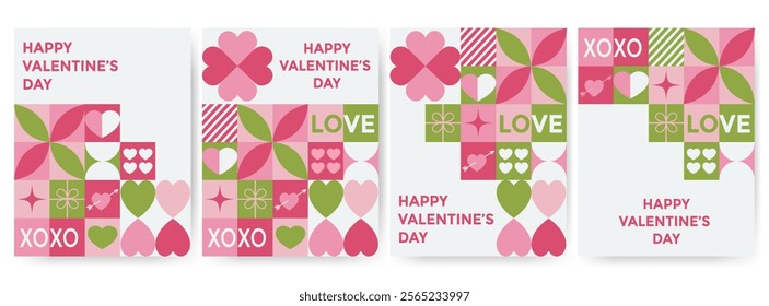 Set of valentine's day flyers, banners. Romantic love icons in simple geometric shapes, geometry minimalistic style for card, invitation, poster, flyer, web design