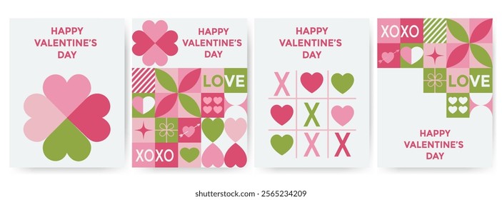 Set of valentine's day flyers, banners. Romantic love icons in simple geometric shapes, geometry minimalistic style for card, invitation, poster, flyer, web design