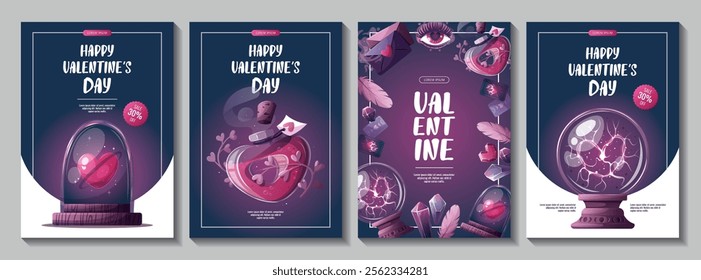 Set of Valentine's Day flyers with magic ball, love potion, crystals, love letter, heart in a glass dome, tarot cards, love eye. Romantic, magic love, 14 February concept, Vector illustrations.