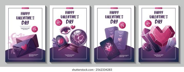 Set of Valentine's Day flyers with magic ball, crystals, love letter, heart in a glass dome, tarot cards, love eye. Romantic, magic love, 14 February concept, Vector illustrations.