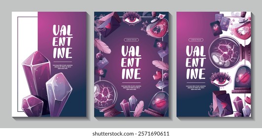 Set of Valentine's Day flyers with magic ball, love potion, crystals, love letter, heart in a glass dome, tarot cards, love eye. Romantic, magic love, 14 February concept, Vector illustrations.