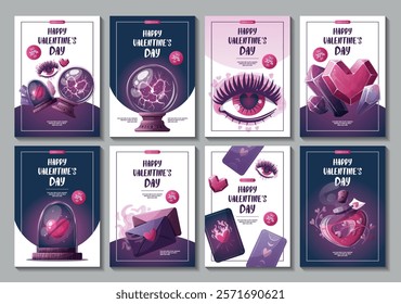 Set of Valentine's Day flyers with magic ball, love potion, crystals, love letter, heart in a glass dome, tarot cards, love eye. Romantic, magic love, 14 February concept. Vector illustrations.