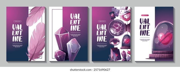 Set of Valentine's Day flyers with magic ball, love potion, crystals, love letter, heart in a glass dome, tarot cards, love eye. Romantic, magic love, 14 February concept, Vector illustrations.