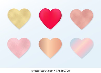 Set Valentines Day foil pink, gold, gradient texture hearts. For weeding design elements. Vector illustration.
