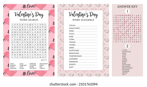 Set of Valentine's Day games. Word search puzzle, word scramble. Fun printable party activities. Answer key included. Educational game for learning English. Party card.  Find hidden words about love. 