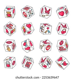 Set of valentine's day gaming dice with love symbols. Vector sign isolated on white background.