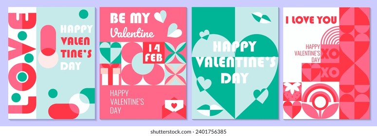 Conjunto de afiches abstractos geométricos del día de San Valentín, tarjeta de saludo, banners, plantillas de promoción de venta. Antecedentes de mosaico vectorial con corazones, flores y formas simples para imprimir, envolver, medios sociales.