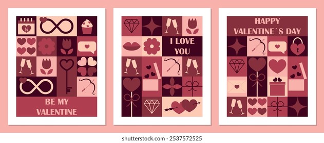 Set of Valentines Day geometric banners templates. Trendy minimalist design with simple shapes. Creative concept for poster, invitation, card, branding, cover. Vector illustration