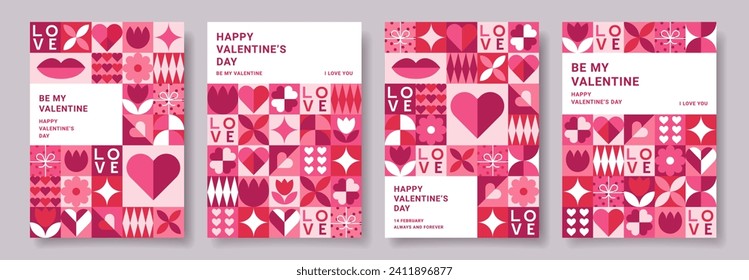 Set of Valentines Day geometric posters templates. Trendy minimalist design with simple shapes. Creative concept for banner, invitation, card, branding, cover.