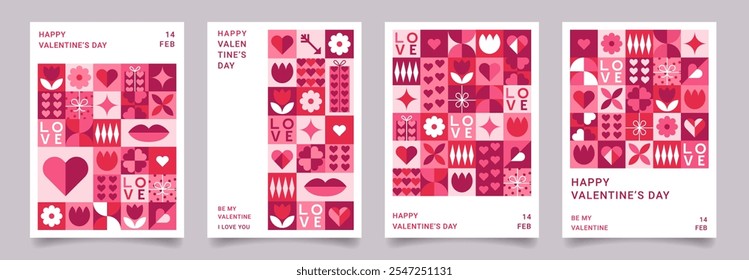 Set of Valentines Day geometric posters templates. Trendy minimalist design with simple shapes. Creative concept for banner, invitation, card, branding, cover.