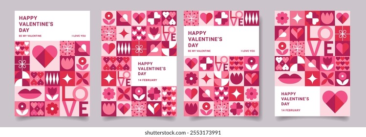 Set of Valentines Day geometric posters templates. Trendy minimalist design with simple shapes, icons, hearts and flowers. Creative concept for banner, invitation, card, branding, cover.