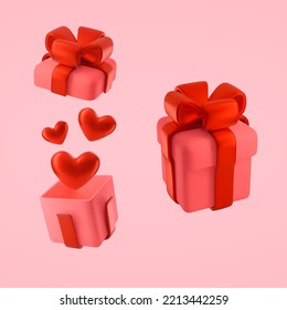 A set of Valentine's day gift boxes in 3d plastic style. Vector decorative elements for festive design. A box with a bow with an open and closed cover and red hearts