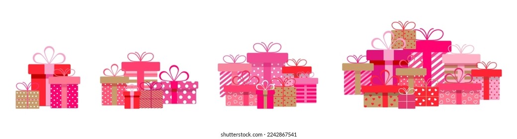 Set of Valentine's Day gift boxes with ribbons and bows.A pile of pink gift boxes.Presents in colorful wrapping with ribbons.Gift boxes stack in flat style.Holidays presents with a hearts.