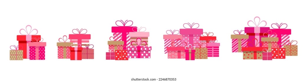 Set of Valentine's Day gift boxes with ribbons and bows.A pile of pink gift boxes.Presents in colorful wrapping with ribbons.Gift boxes stack in flat style.Holidays presents with a hearts.