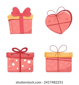 Set of Valentines Day gift Boxes element. Happy Valentine Day box in cute pink flat design with ribbons. Stock vector valentine icon