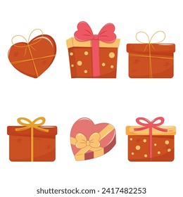 Conjunto de elementos de cajas de regalo de San Valentín. Feliz Día de San Valentín con adorable diseño plano rosa con cintas. Icono de valentía vectorial de acciones