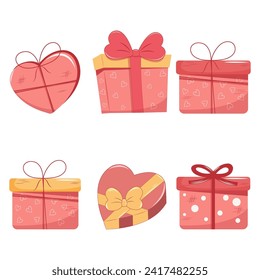 Set of Valentines Day gift Boxes element. Happy Valentine Day box in cute pink flat design with ribbons. Stock vector valentine icon