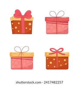 Set of Valentines Day gift Boxes element. Happy Valentine Day box in cute pink flat design with ribbons. Stock vector valentine icon