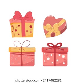 Set of Valentines Day gift Boxes element. Happy Valentine Day box in cute pink flat design with ribbons. Stock vector valentine icon
